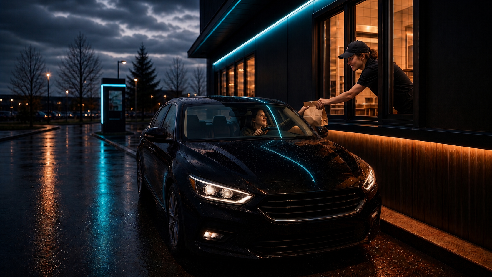 A modern quick-service restaurant drive-thru window handing an order to a guest at dusk.
